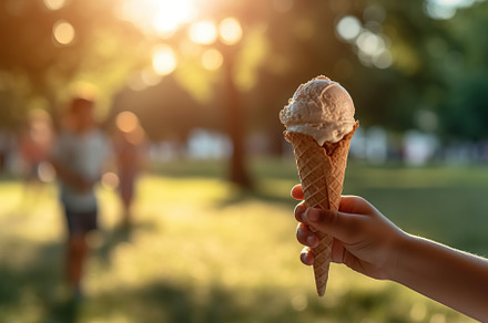 Children hand holding ice cream in waffle, outdoors. Generative AI, a Food & Drink Photo by AlyaAnd