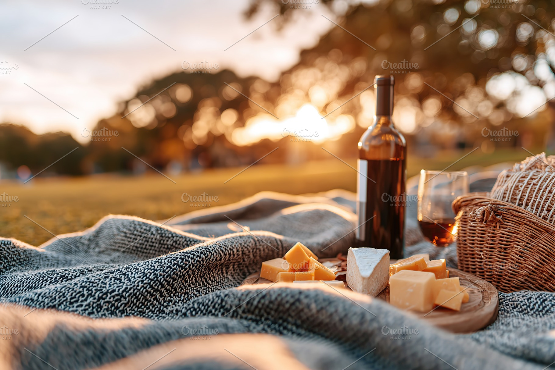 Enjoying a picnic with cheese, wine, and a beautiful sunset under a tree, a Photo by AlyaAnd