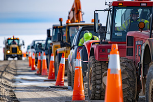 A row of construction trucks driving, a Photo by Iftikhar Alam