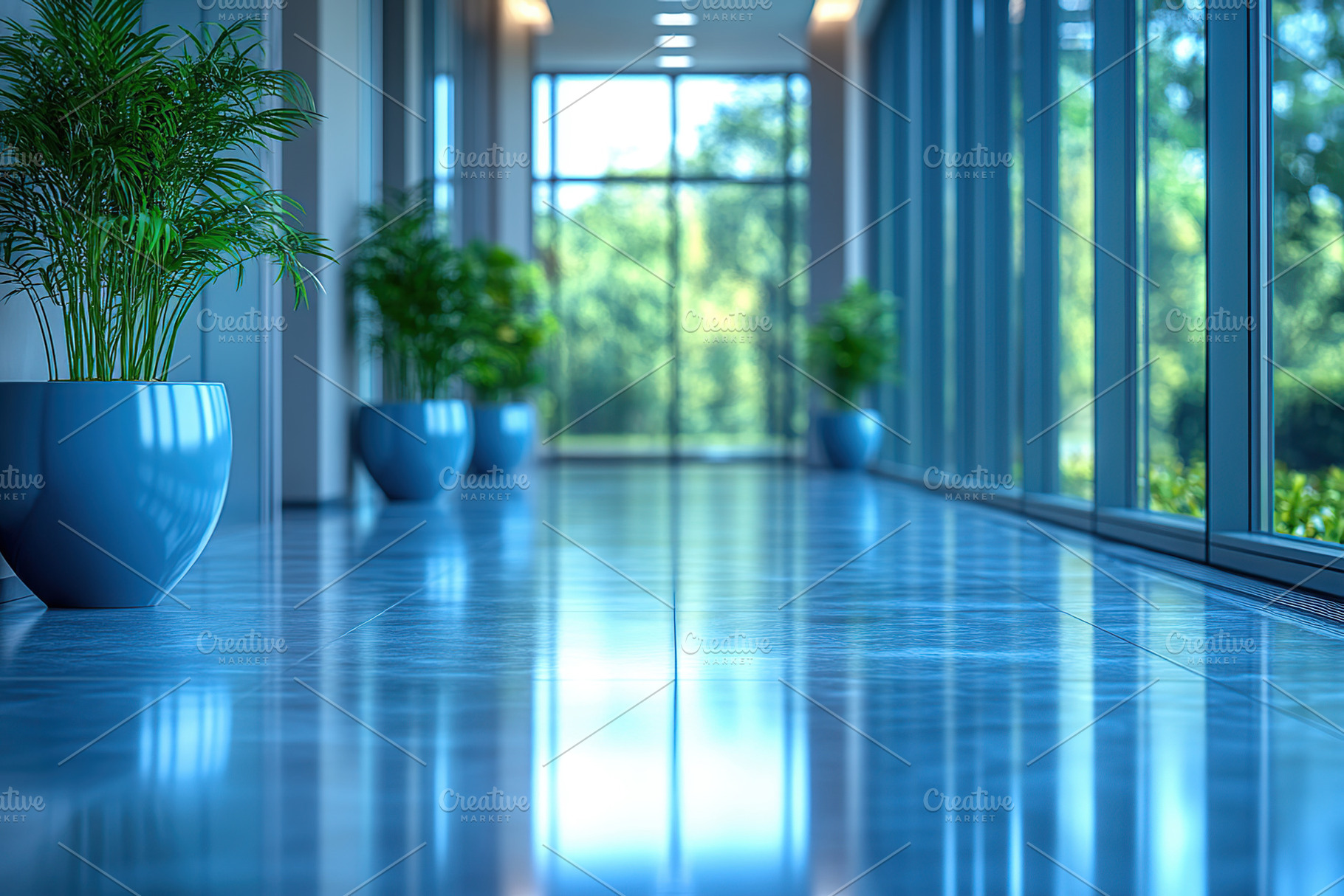 Modern business corridor with natural lighting and potted plants, an Architecture Photo by AlyaAnd