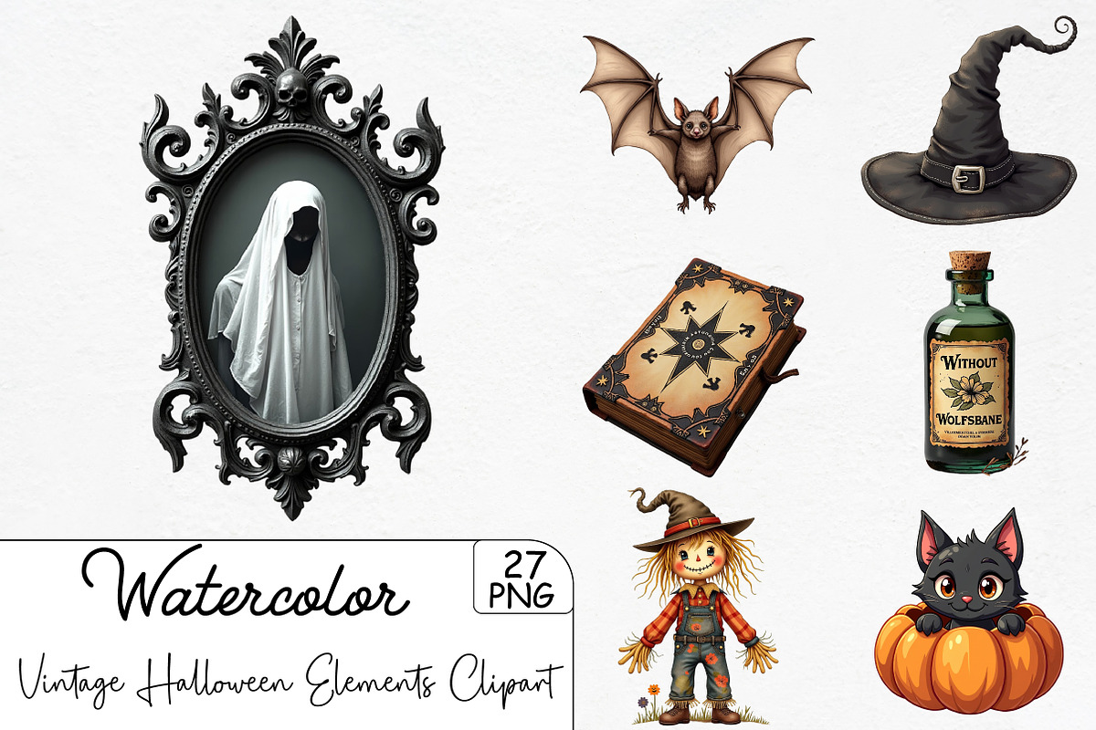 Vintage Halloween Elements Clipart, an Illustration by CrexoraLab (Photo 1 of 5)