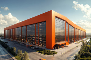 Large modern warehouse with orange e, a Photo by Tanuart