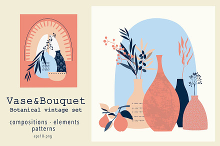 Vase & Bouquet. Botanical set.