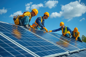 Workers installing solar panels on a rooftop under a clear blue sky with fluffy, a Technology Photo by Textures & Backgrounds