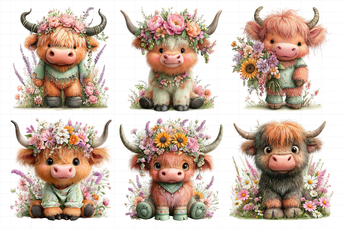 Watercolor Summer Highland Cow Clipa, an Illustration by Daily.Designs (Photo 8 of 8)