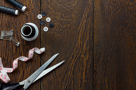 Tailor items on wooden stock photo containing abstract and accessories, an Industrial Photo by OSABEE TOP VIEW