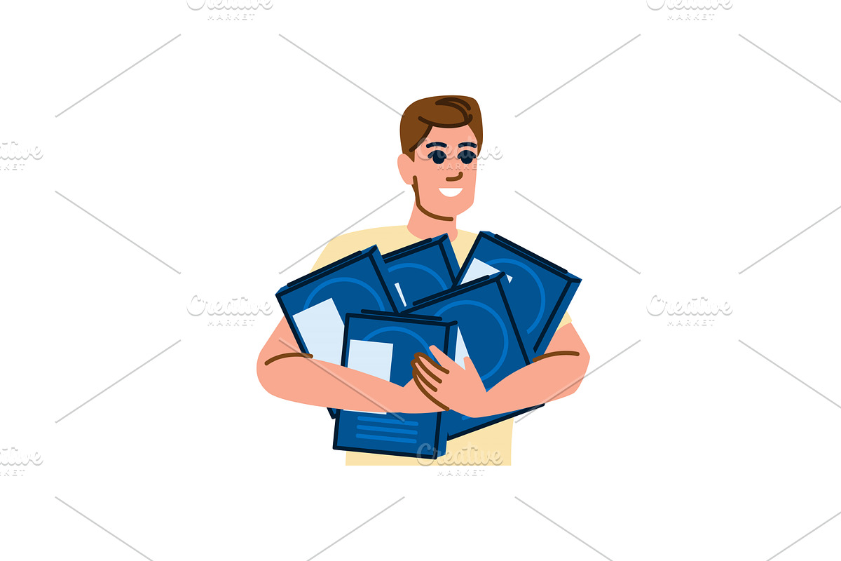 Young man holding many blue boxes, a Person Illustration by pikepicture