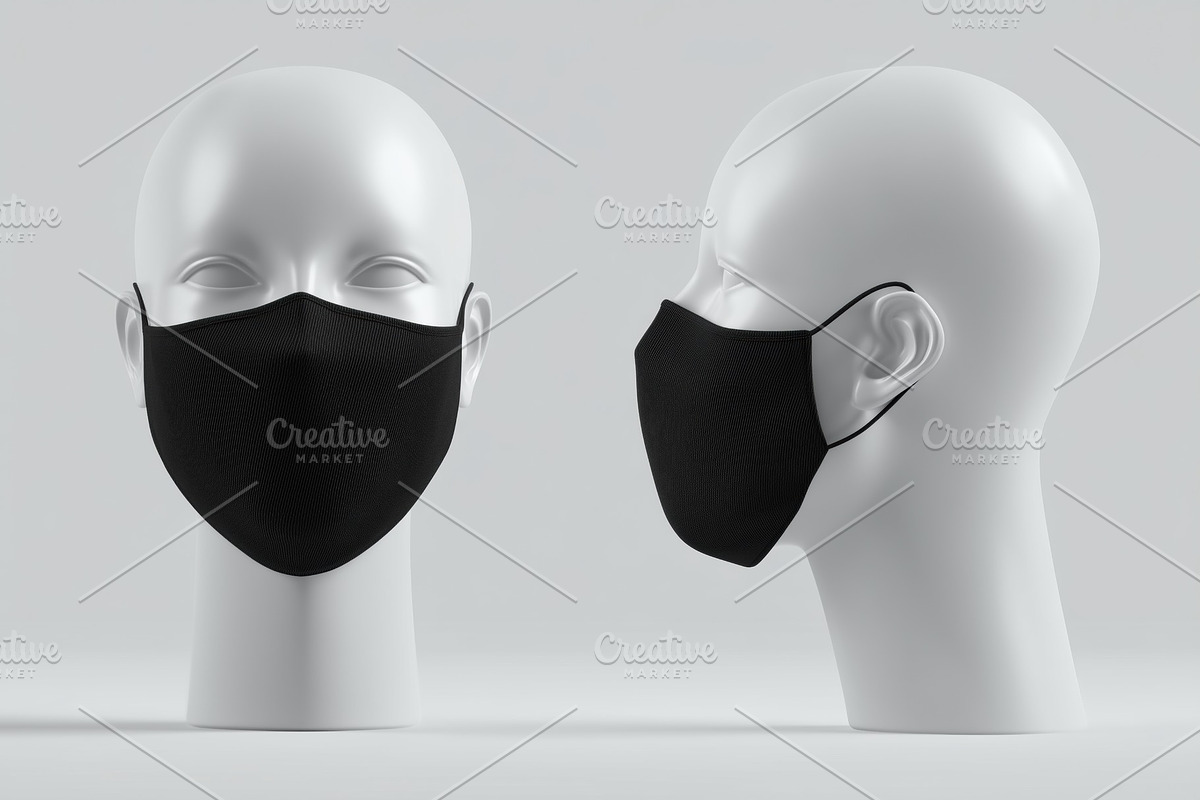 A black face mask mockup on a white mannequin head from two angles, showcasing, a Mask Mockup by Textures & Backgrounds