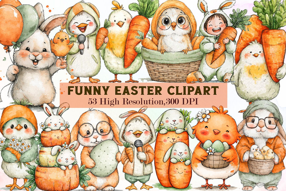 Watercolor Funny Easter Clipart, an Illustration by Sublimation Artist (Photo 1 of 7)