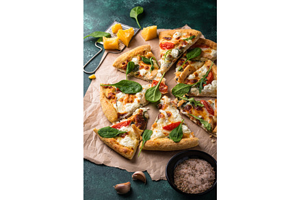 Italian pizza with feta cheese, a Food & Drink Photo by Yulia Furman