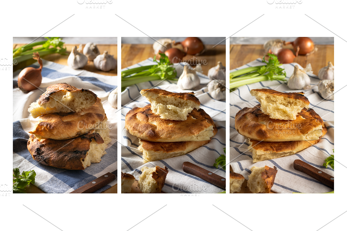 A stack of pita bread, garlic, onion, a Food & Drink Photo by Print Haven Mochi Vintage (Photo 2 of 2)