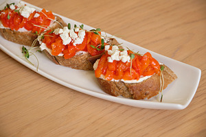 Gourmet bruschettas with roasted red peppers, feta cheese and microgreens., a Food & Drink Photo by Rohan Photography