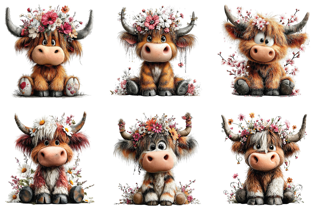 Whimsical Highland Cow Floral Clipar, an Illustration by CraftArtStudio (Photo 4 of 6)