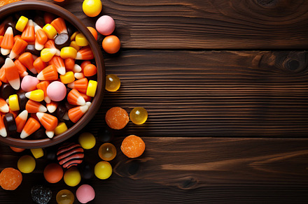 Halloween candies in bucket on brown wooden background, a Holiday Photo by AlyaAnd
