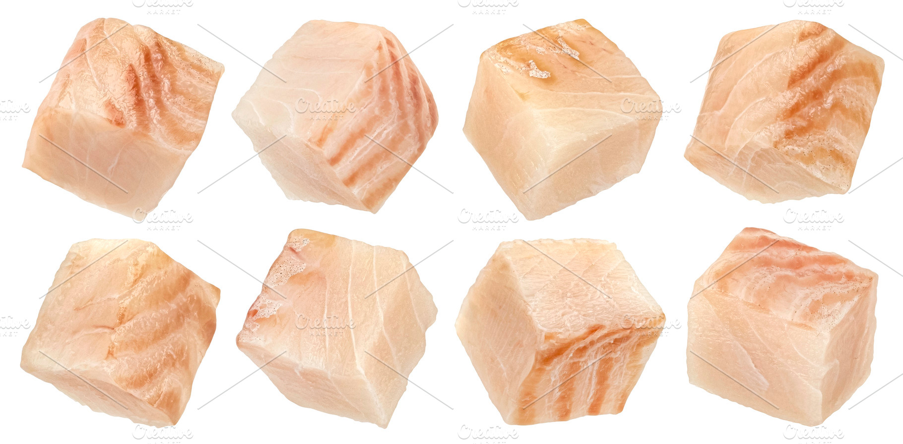 Cod fish fillet cubes isolated, a Food & Drink Photo by Max Lashcheuski