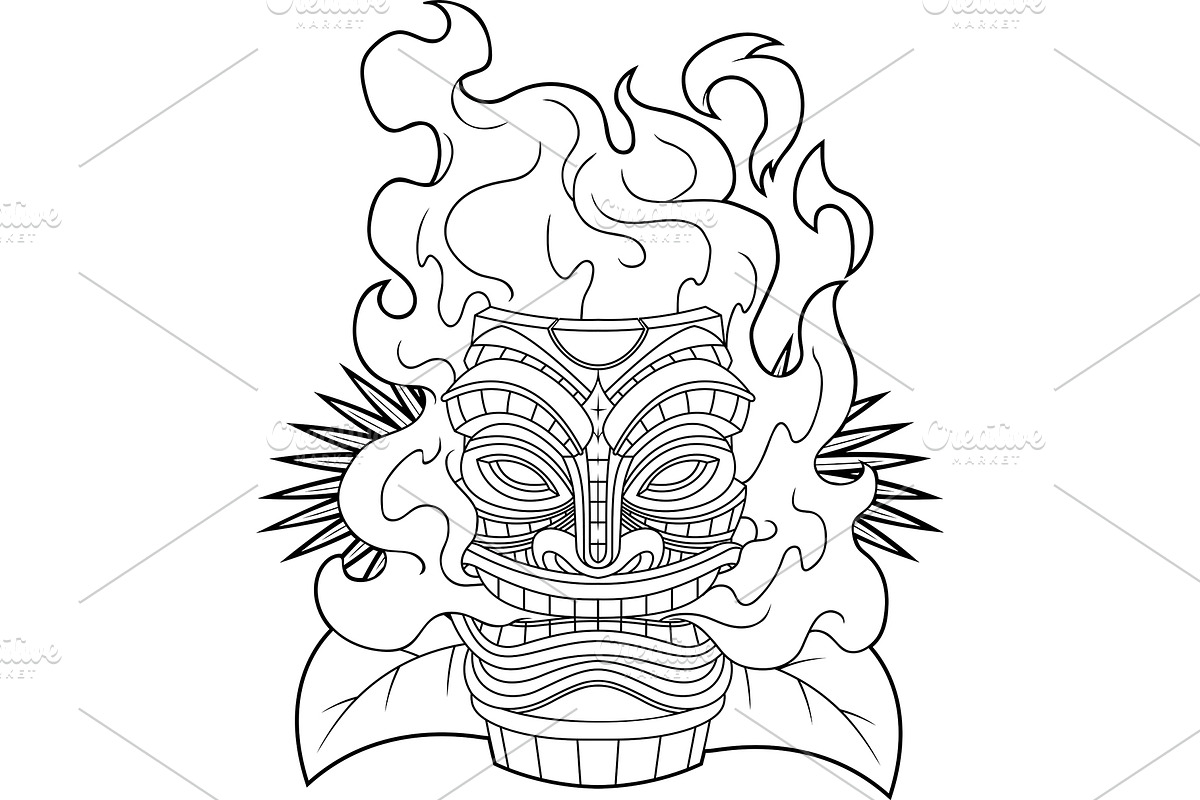 Black And White Flaming Tiki Mask, an Illustration by HitToon