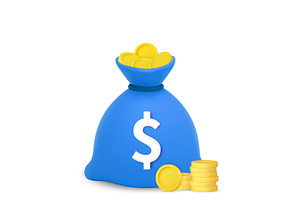 3D Gold Money Bag with Dollar Coins., a Finance Illustration by ModVector