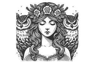 Woman with Owl Floral Headpiece, an Animal Illustration by AlexArt