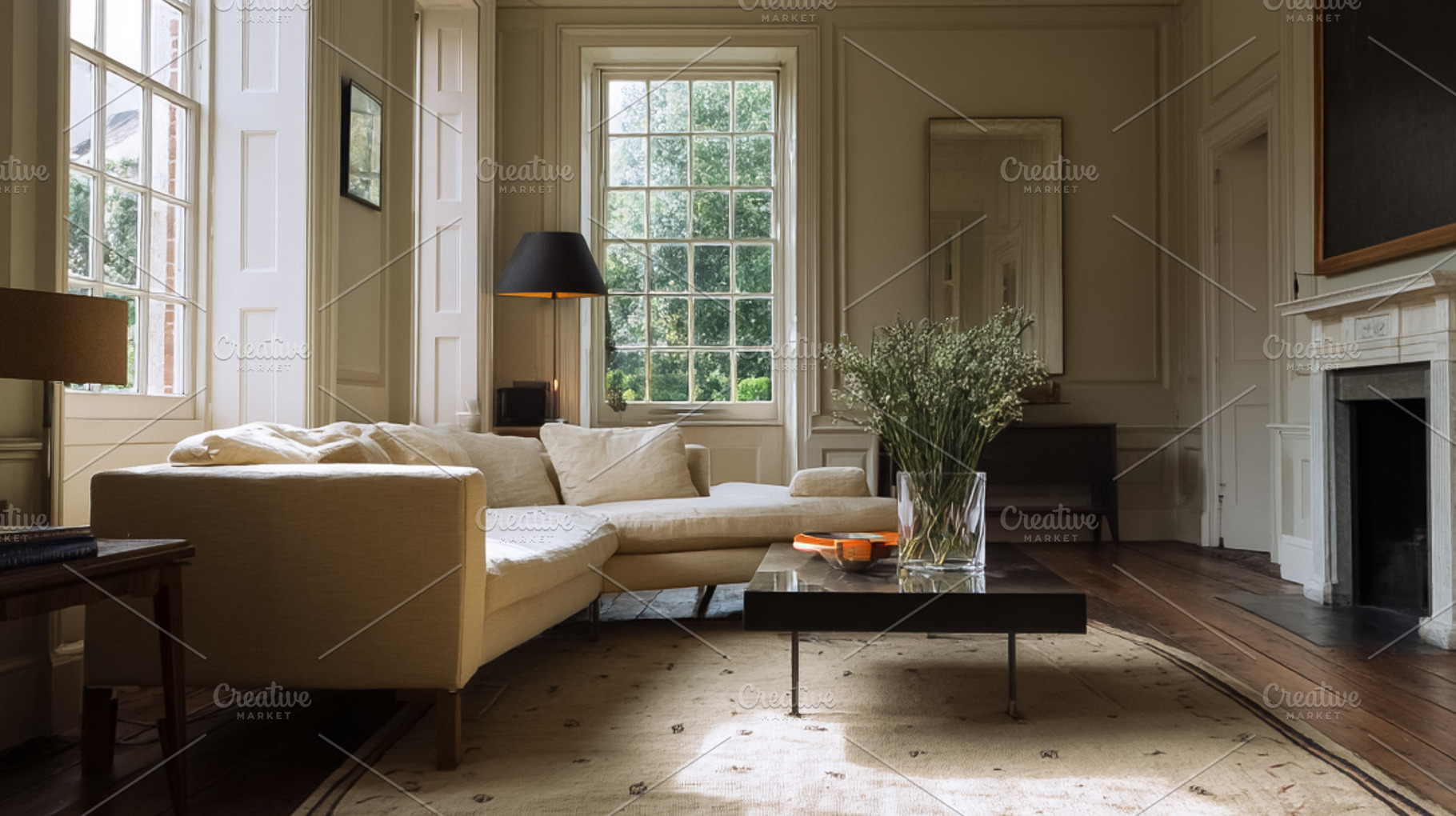 Modern elegant living room interior featuring a beige sectional, a Photo by Studio ANNA
