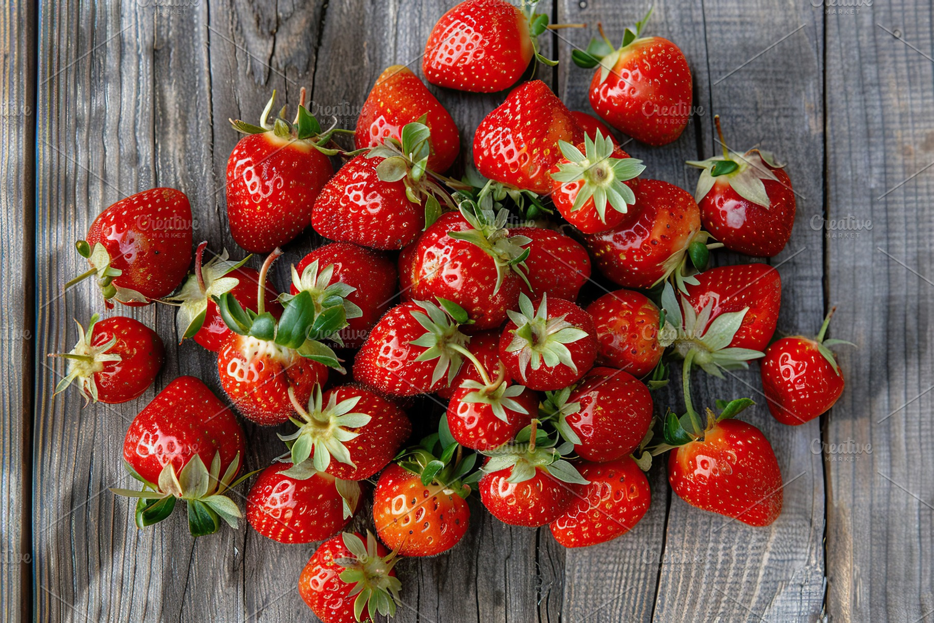 Red strawberries on wooden table, a Food & Drink Photo by AlyaAnd