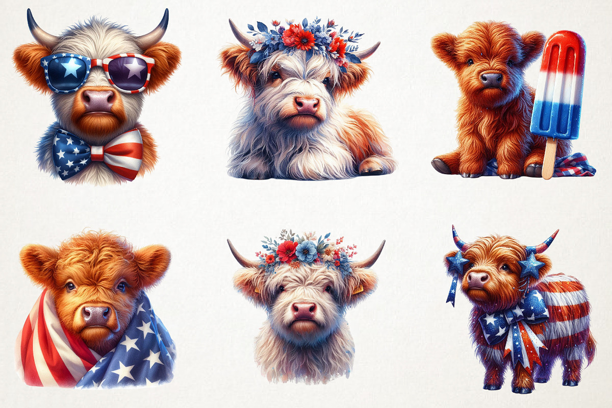 4th July Highland Cow Sublimation PN, a Seasonal Illustration by RobertsArt (Photo 3 of 7)