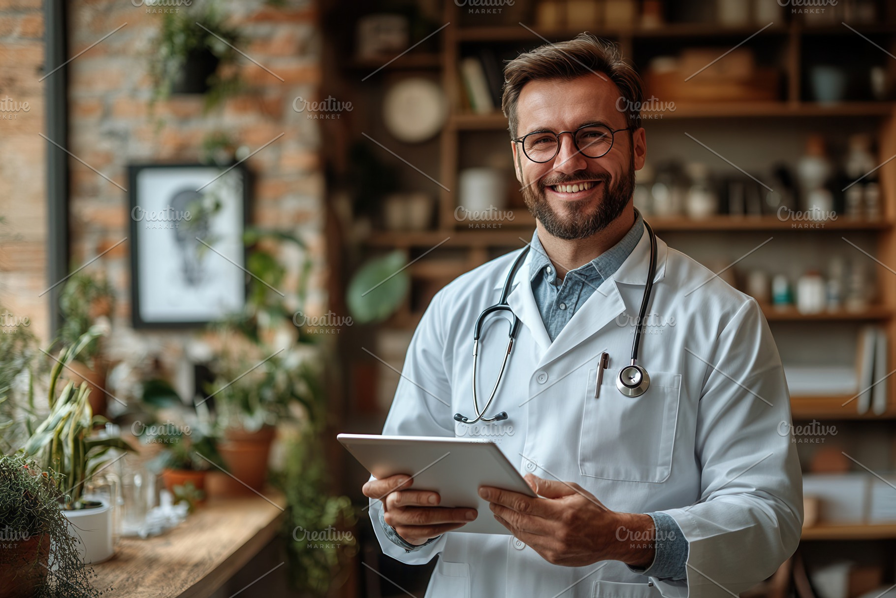 Doctor smiling while holding a table, a Photo by Tanuart