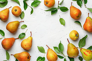 Red pears with leafs and copyspace for text on white background, a Food & Drink Photo by AlyaAnd