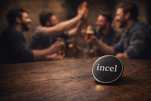 an incel pin rests on a bar table, generative AI, a Photo by Nito