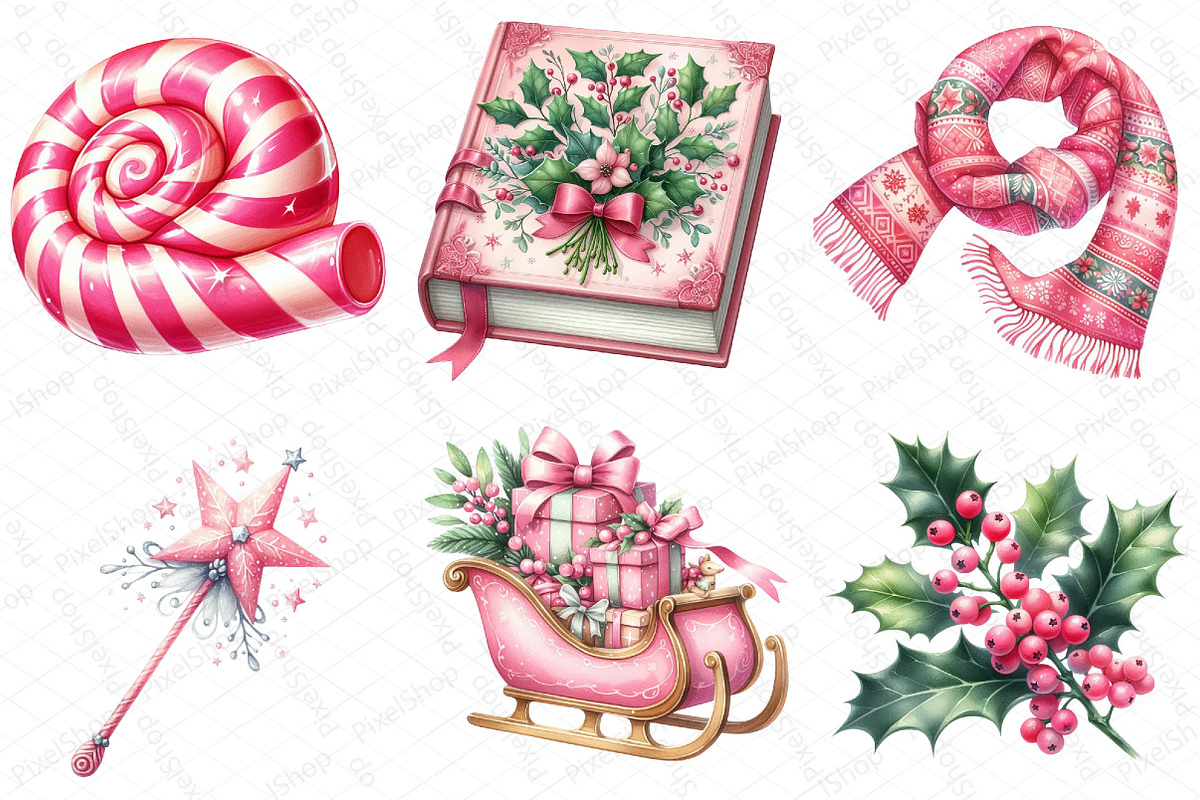Watercolor Pink Christmas Clipart, an Illustration by DreamPrint404 (Photo 5 of 6)