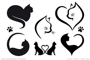Cat heart logo designs, vector set