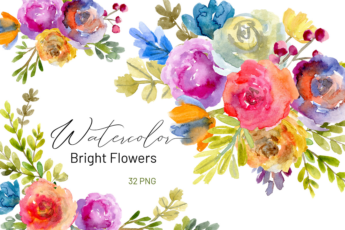 Bright Watercolor Flowers & Leaves, a Decorative Illustration by GraphicsDish (Photo 1 of 3)