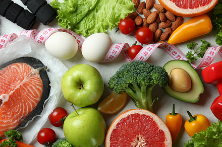 Healthy nutrition concept on white textured background, top view, a Food & Drink Photo by AtlasStudio PRO
