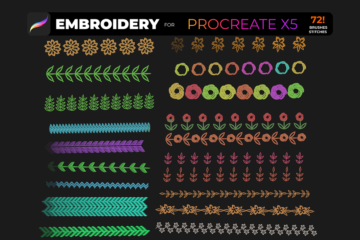 72 Brush-stitch Embroidery PROCREATE, a Brush Add-On by Graphics Resources (Photo 8 of 11)