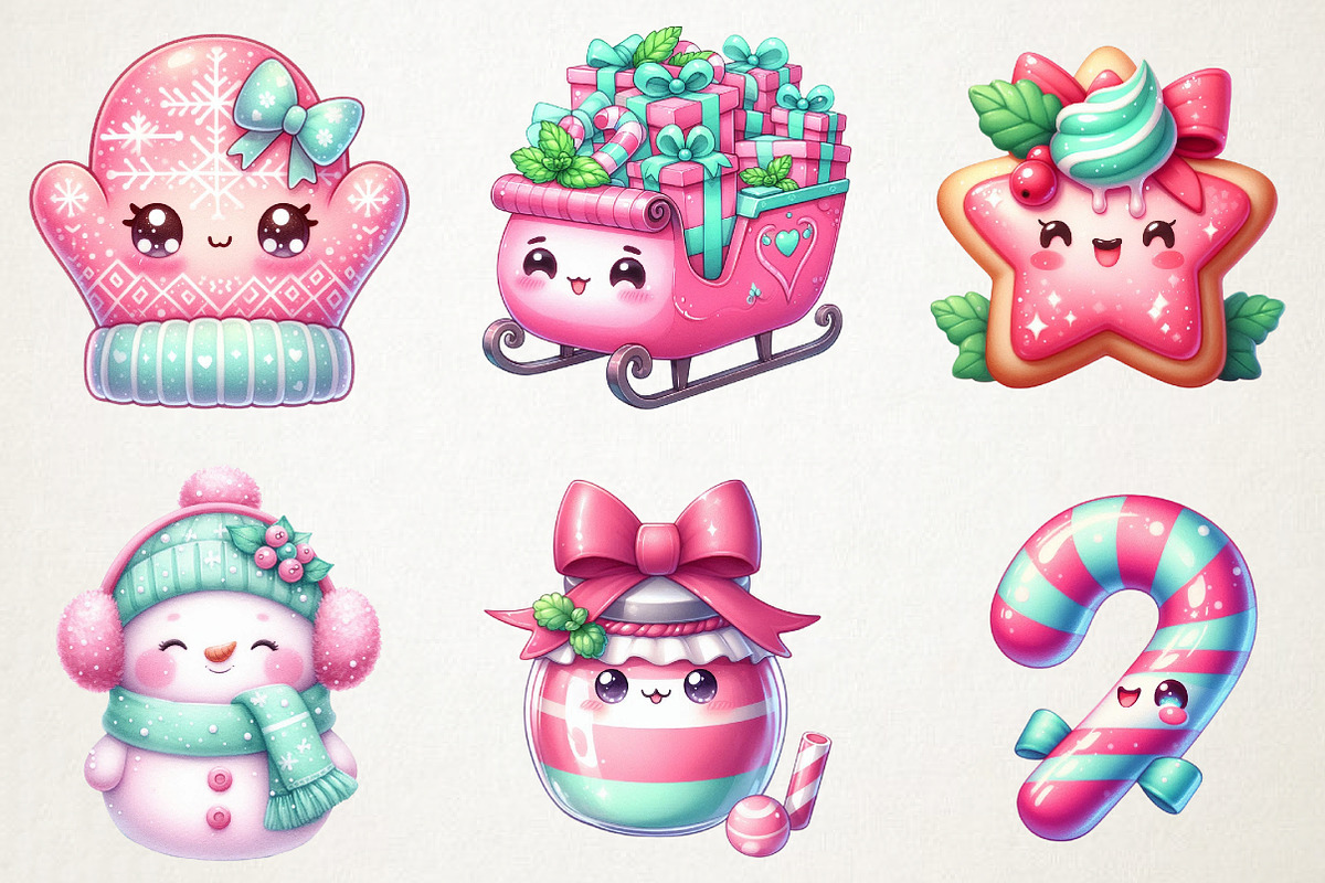 Kawaii Pink Mint Christmas Clipart, an Illustration by RobertsArt (Photo 6 of 7)