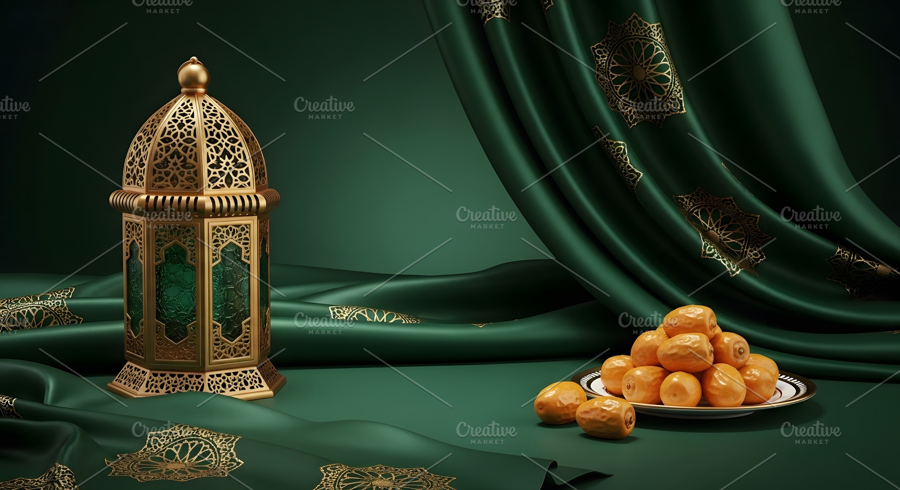 A gold lantern and plate of dates, a Photo by zahidhossainalif