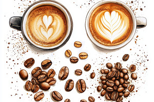 Two cups of latte art coffee beans a, a Food & Drink Photo by Pixeness Studio