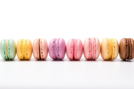 Colorful macarons dessert on white background, a Food & Drink Photo by AlyaAnd