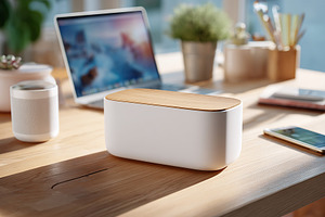 Soundscape unit enhancing workspace ambiance during productive hours, a Photo by AlyaAnd