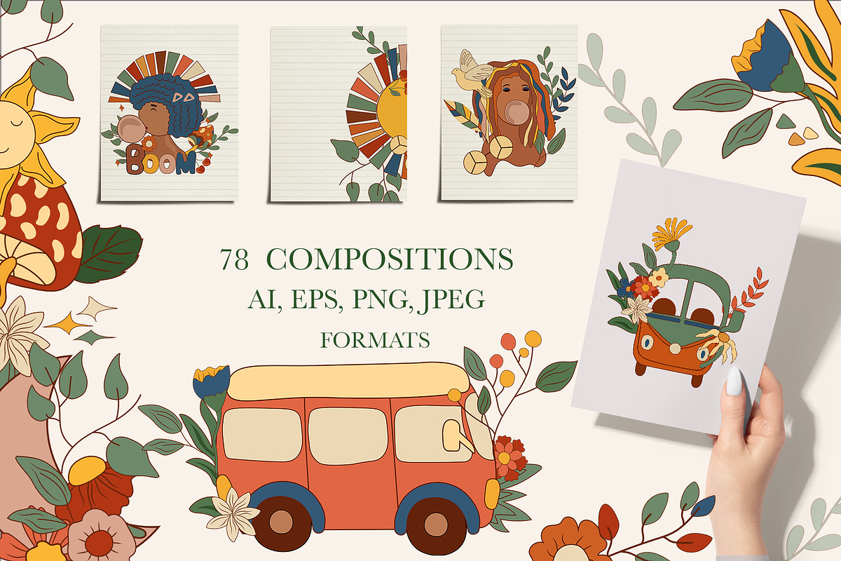 POSITIVE RETRO, BOHO GROOVY CLIPART, a Decorative Illustration by Usis (Photo 7 of 20)