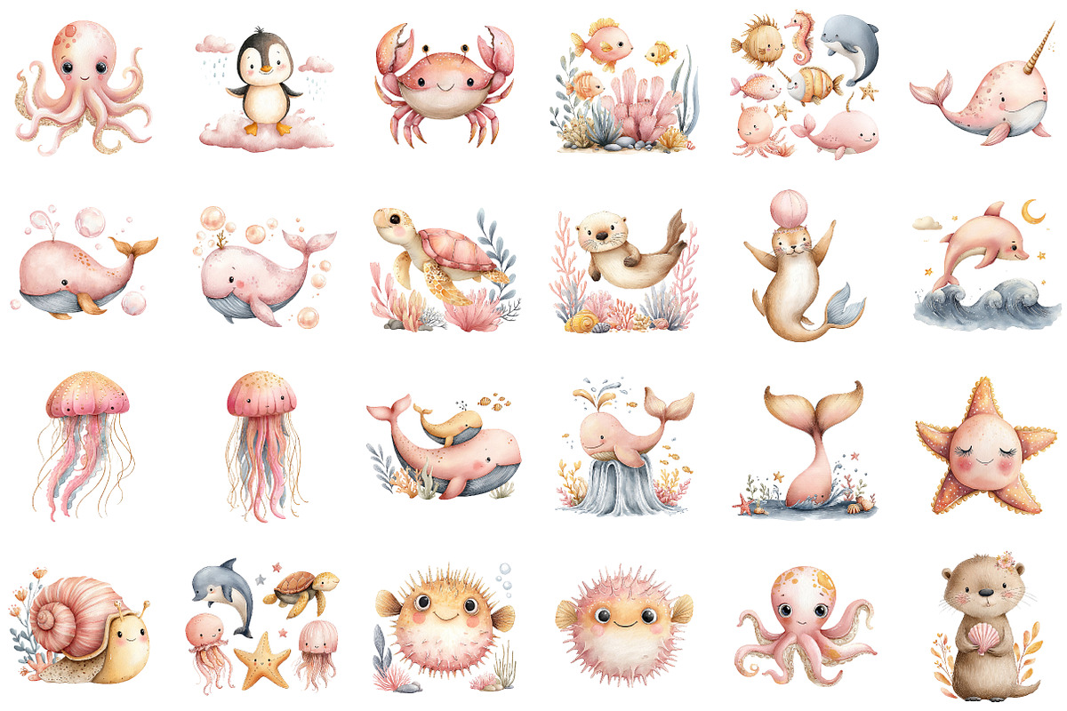 Cute Sea Animals Watercolor Clipart, an Illustration by Sublimation Artist (Photo 2 of 6)