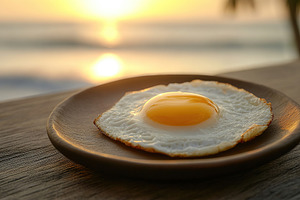 Heart-shaped fried egg with golden yolk against sunset backdrop by the beach, a Food & Drink Photo by AlyaAnd