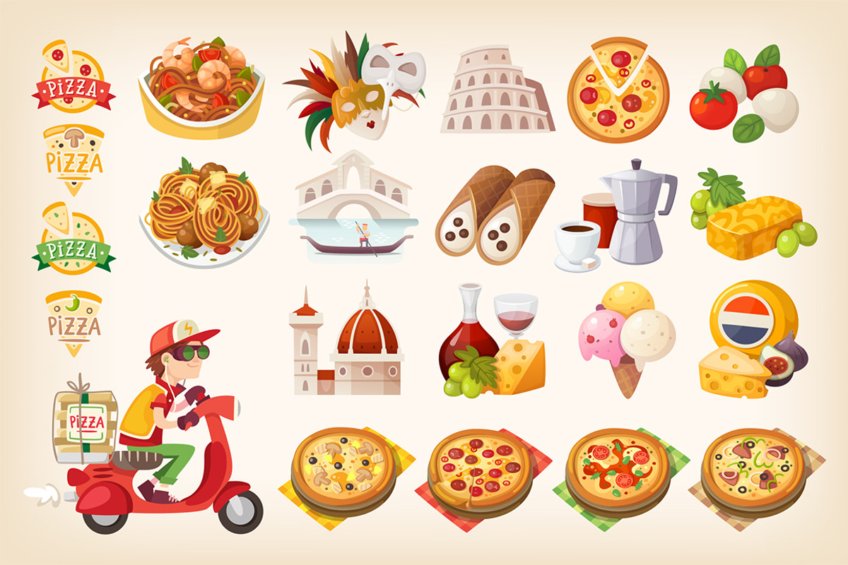 Symbols of Italy, a Food Illustration by Moonery's, image size:1200x800