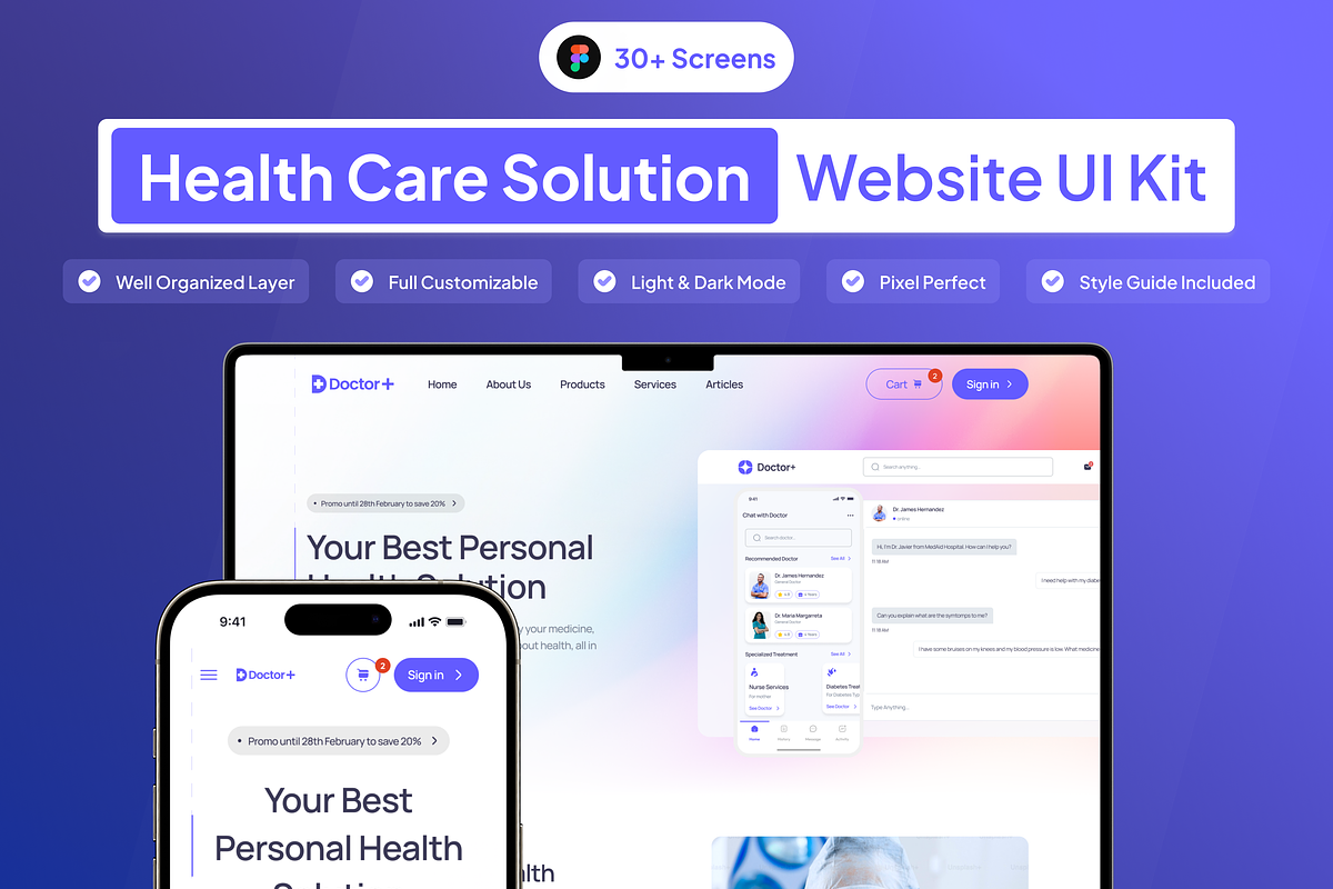 Doctor+ Health Care Website UI Kit, an UI Kit Template by Moni Studio (Photo 1 of 6)