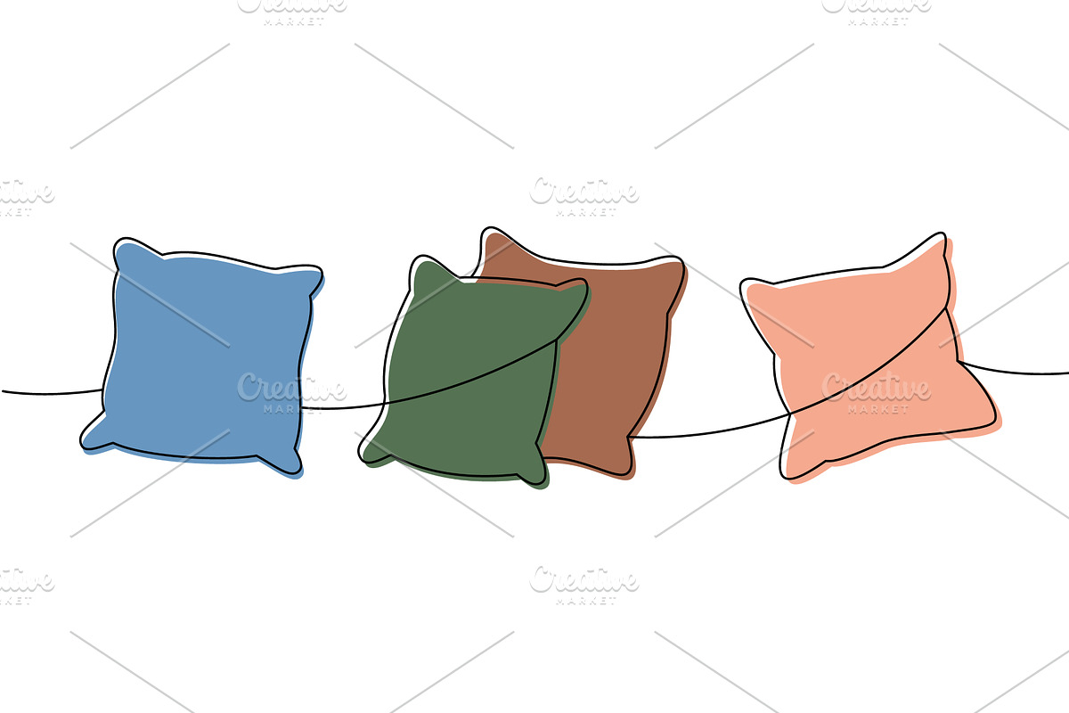 Set of cozy pillows one line colored, an Object Illustration by GraphiShop