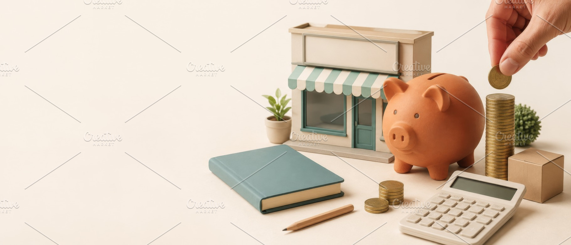 Piggy bank and coins with miniature, a Photo by Dvoevnore photos