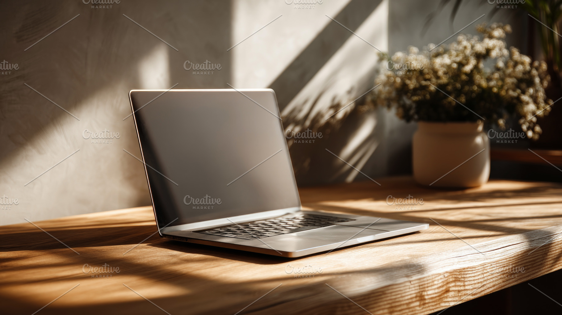 Modern Laptop on Wooden Desk in Warm Sunlight Home Office Settin, a Beauty & Fashion Photo by José Manuel Gelpi