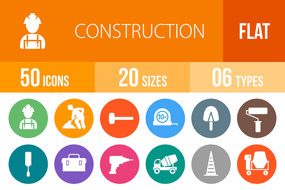 50 Construction Flat Round Icons