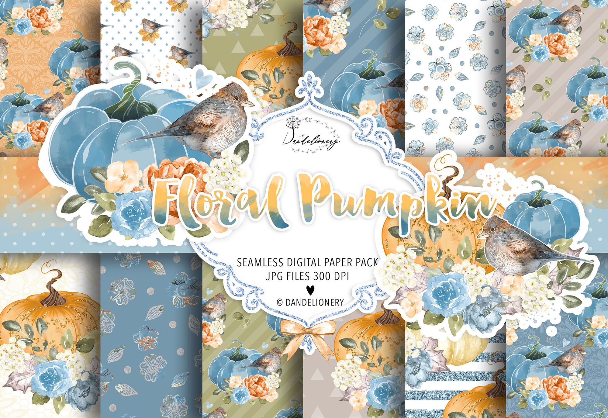 Floral Pumpkin digital paper pack, a Pattern Graphic by designloverstudio