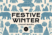 Festive Winter Linocut Bundle, a Seasonal Illustration by ClayStudio (Thumbnail 1 of 8)