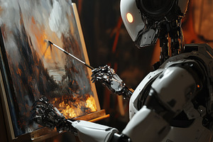 A humanoid robot painting on a canvas in a dimly lit studio. The robot has a sl, an Industrial Photo by Textures & Backgrounds